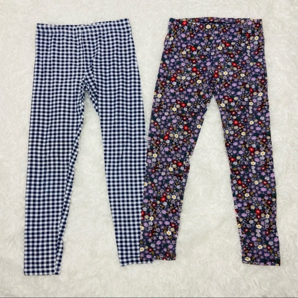 BASIC EDITION bundle of two plaid & floral cotton stretch leggings girls 10 / 12
